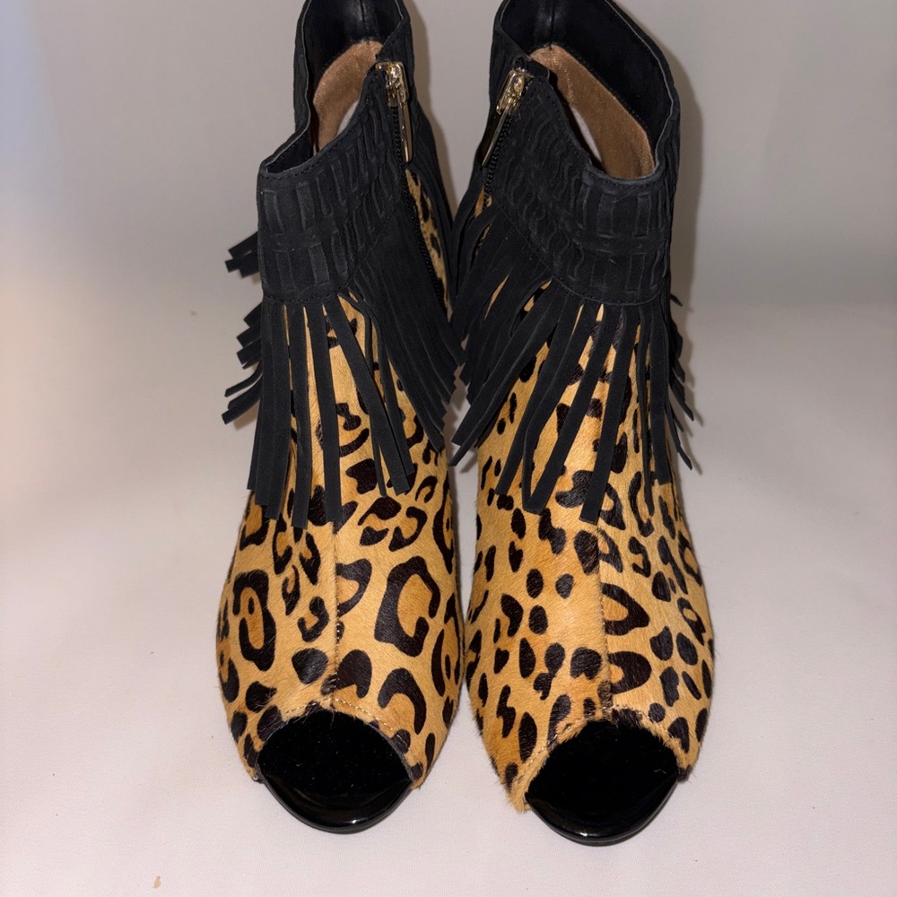 J.Renee Leopard Print Fringe Ankle Booties in Black and Tan - Picture 3 of 9